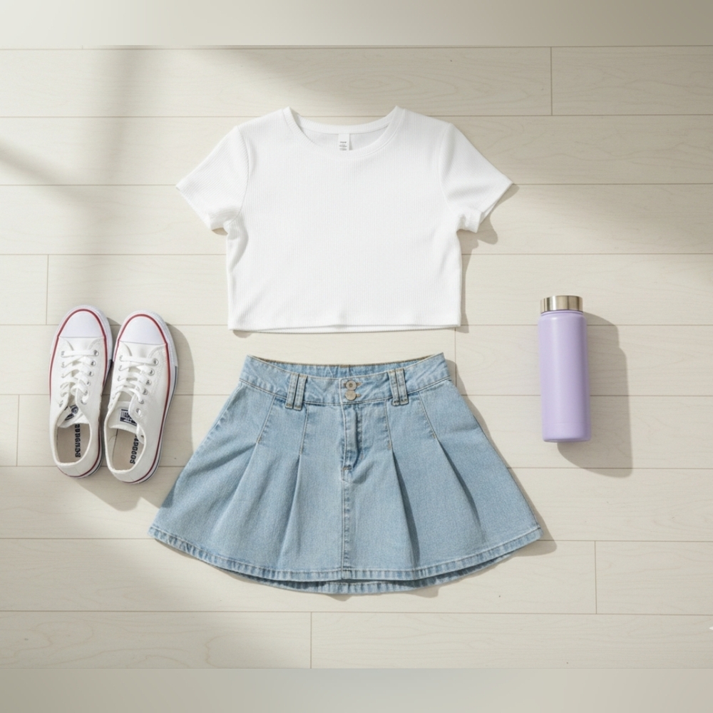Windsor Light Wash Pleated Denim Mini Skirt - Small Petite - Picture 2 of 9
